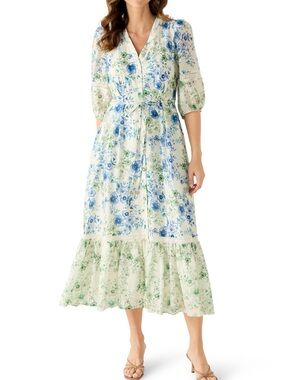 Taylor Blue & Green Floral Maxi Dress with Tie Waist